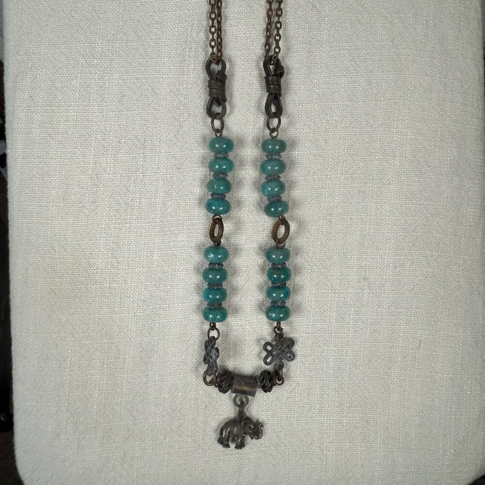 Vintage Bronze Elephant Charm Necklace Jade Beaded Boho Statement Jewelry